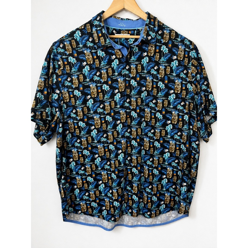 Tommy Bahama Shirt Black Excellent 100% Silk Tiki Tropical Print 3XLT Big & Tall